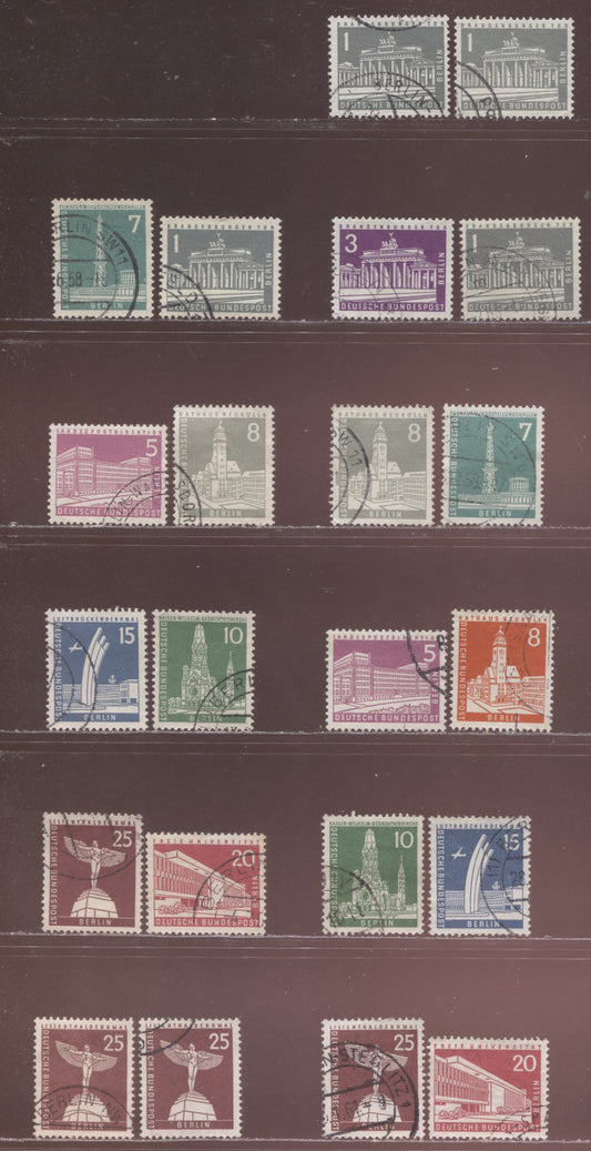 Germany-Berlin SC#9N120/9N129 (Mi#140wv/231) 1956-1963 Definitives Issues, Specialized Used Group To 25pf, 22 Very Fine Used Singles, Click on Listing to See ALL Pictures, Estimated Value $5 USD