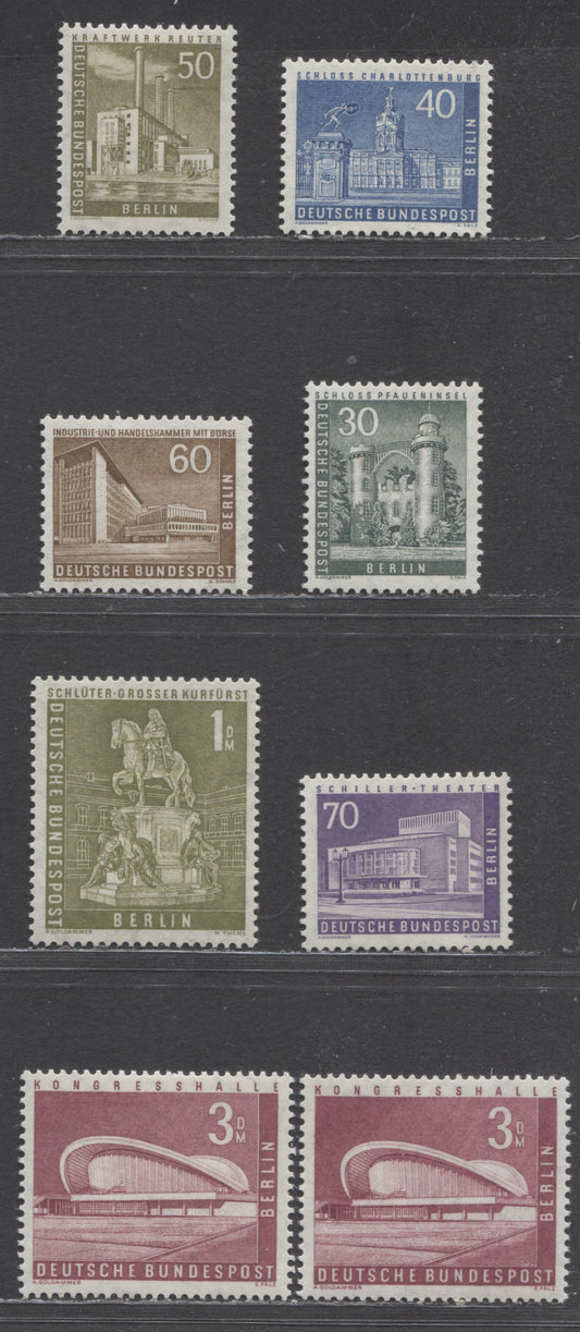 Germany-Berlin SC#9N130-9N136 (Mi#148v-154v) 1956-1963 Definitives Issues, With Transparent Watermark & Ribbed Gum, 2 Shades Of 2m, 8 VFOG Singles, Click on Listing to See ALL Pictures, Estimated Value $25 USD