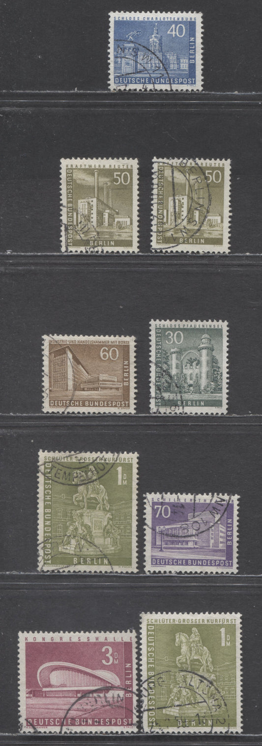 Germany-Berlin 9N130-9N136 (Mi#148v-154v) 1956-1963 Definitives Issues, With Transparent Watermark & Ribbed Gum, 2 Shades Of 1m, 9 Very Fine Used Singles, Click on Listing to See ALL Pictures, Estimated Value $35 USD