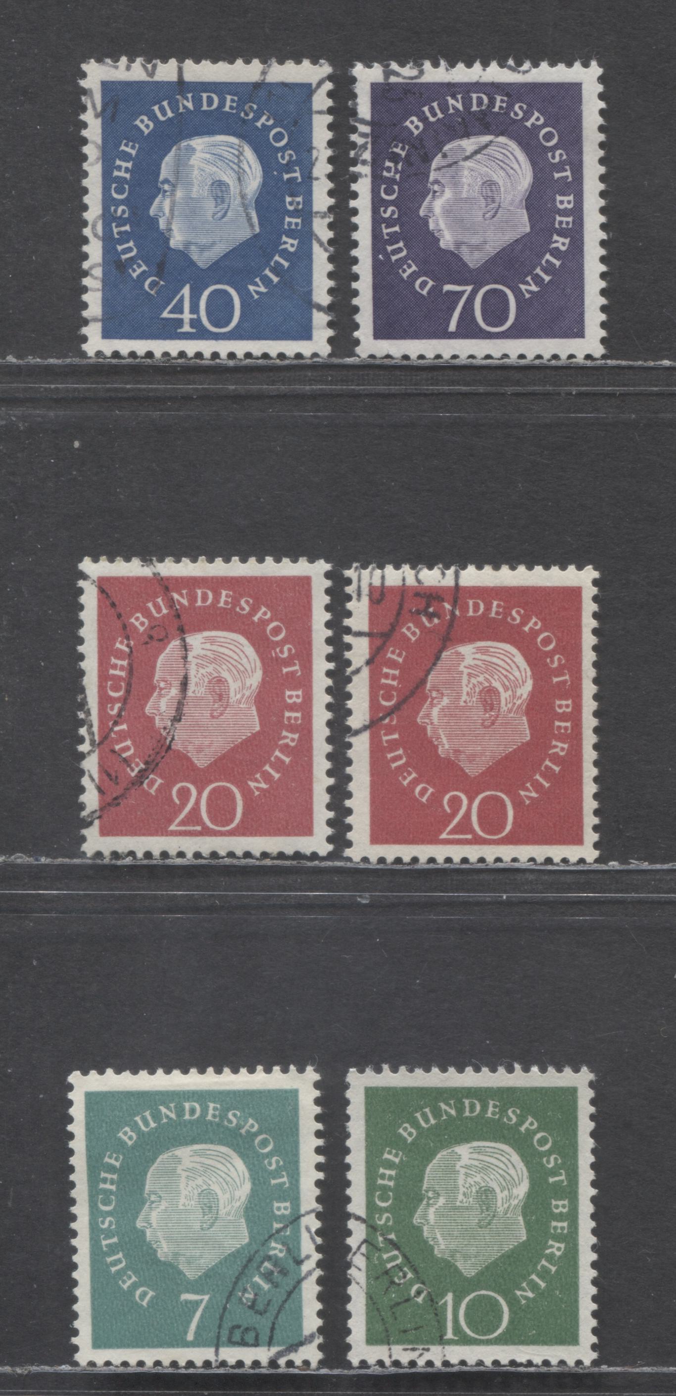 Germany-Berlin SC#9N165-9N169 (Mi#(182w-186w) 1959 Heuss Issue, Including Both Ribbed And Smooth Paper On 20pf, 6 Very Fine Used Singles, Click on Listing to See ALL Pictures, Estimated Value $25 USD