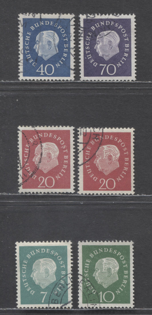 Germany-Berlin SC#9N165-9N169 (Mi#(182w-186w) 1959 Heuss Issue, Including Both Ribbed And Smooth Paper On 20pf, 6 Very Fine Used Singles, Click on Listing to See ALL Pictures, Estimated Value $25 USD