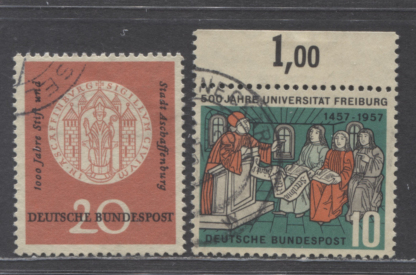 Lot 59 Germany Mi#255x (SC#765)-256x SC#(766) 1957 Abbey Of Aschaffenburg & Freiburg University, Yellow Tinted Paper Printings, 2 Very Fine Used Singles, Click on Listing to See ALL Pictures, Estimated Value $15