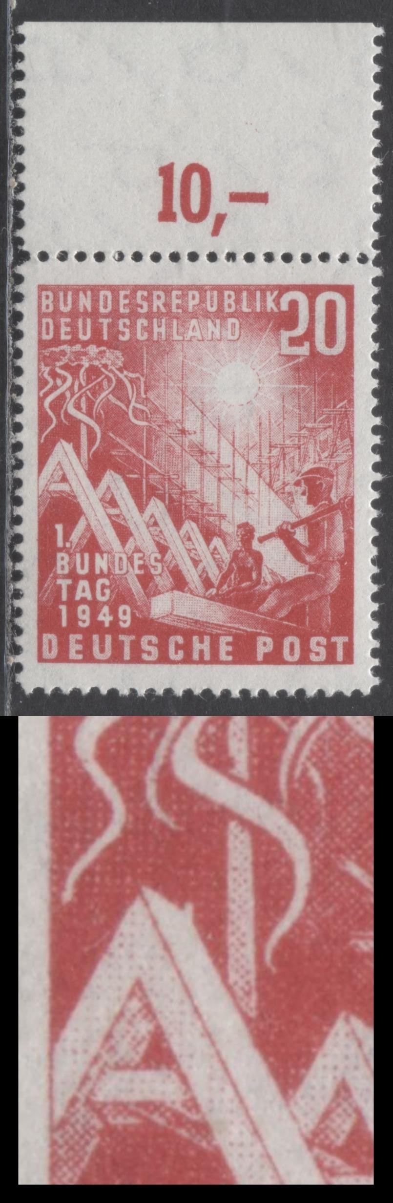 Lot 61 Germany Mi#112VII (SC# 666) 20pf Rose Carmine 1949 First Federal Assembly, Thorn On First Roof Ridge, Pos. 6 & 10, A VFNH Single, Click on Listing to See ALL Pictures, Estimated Value $175