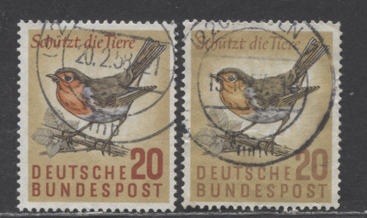 Lot 64 Germany Mi#275 (SC# 774var) 20pf Unlisted Brown Instead Of Deep Red Inscription 1957 Wildlife Protection, 2 Very Fine Used Singles, Click on Listing to See ALL Pictures, Estimated Value $10