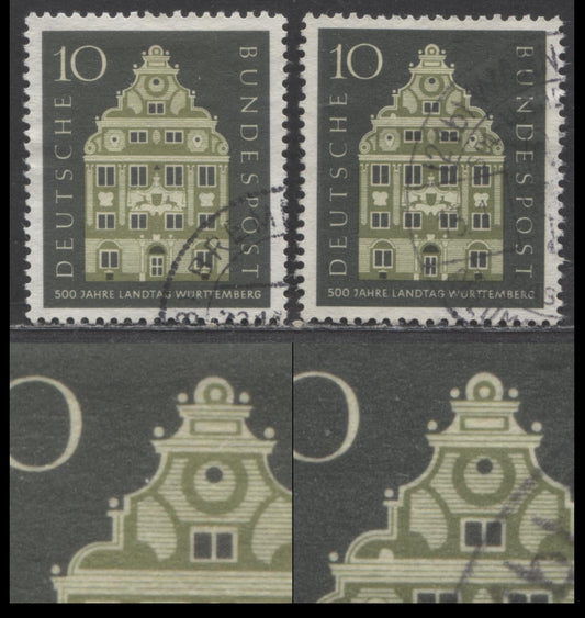 Lot 65 Germany Mi#279I (SC# 778var) 10pf Dark Green & Yellow Green 1957 500th Anniversary Of Wurttemberg Issue, Showing Constant Bulge In Upper Ledge Variety (Pos. 31) Of The Sheet, 2 Very Fine Used Singles, Estimated Value $75