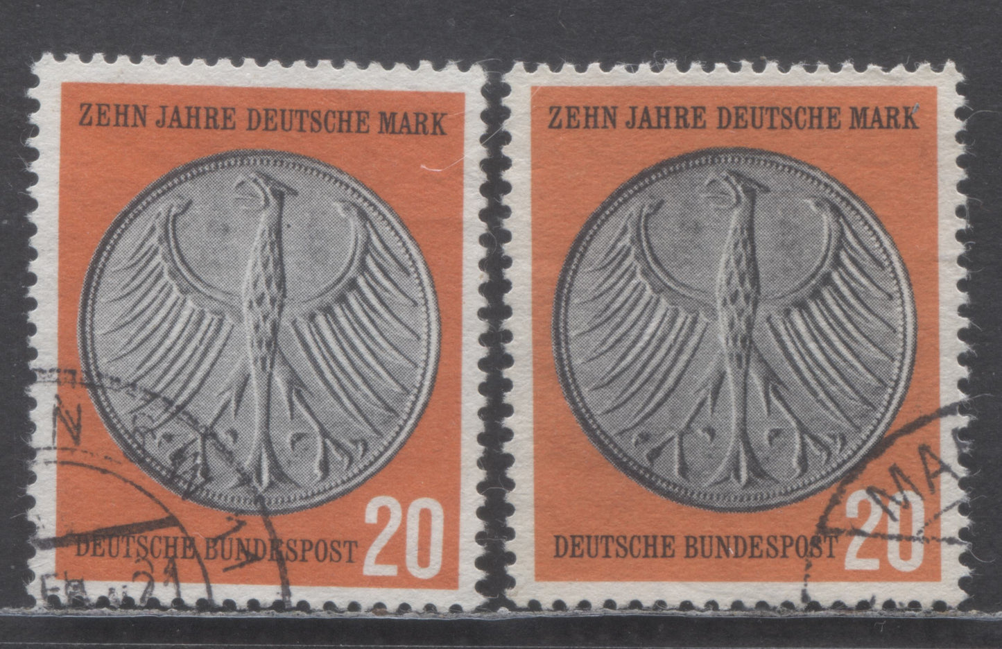 Lot 68 Germany Mi#291III (SC# 787) 20pf Red & Black 1958 German Currency Reform Issue, With Black Dot Beside Neck Variety From Pos. 42, 2 Very Fine Used Singles, Click on Listing to See ALL Pictures, Estimated Value $20