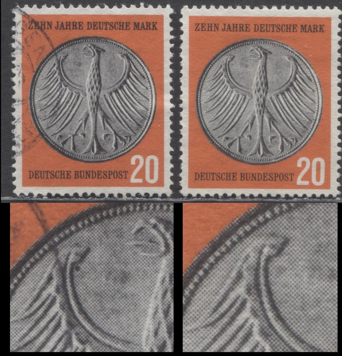 Lot 69 Germany Mi#291III (SC# 787) 20pf Red & Black 1958 German Currency Reform Issue, With Black Dot By Wing Tip From Pos. 2, 2 Very Fine Used Singles, Click on Listing to See ALL Pictures, Estimated Value $20