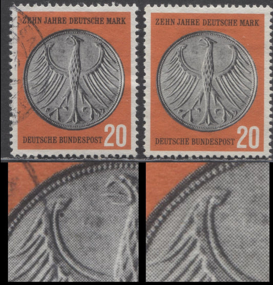 Lot 69 Germany Mi#291III (SC# 787) 20pf Red & Black 1958 German Currency Reform Issue, With Black Dot By Wing Tip From Pos. 2, 2 Very Fine Used Singles, Click on Listing to See ALL Pictures, Estimated Value $20