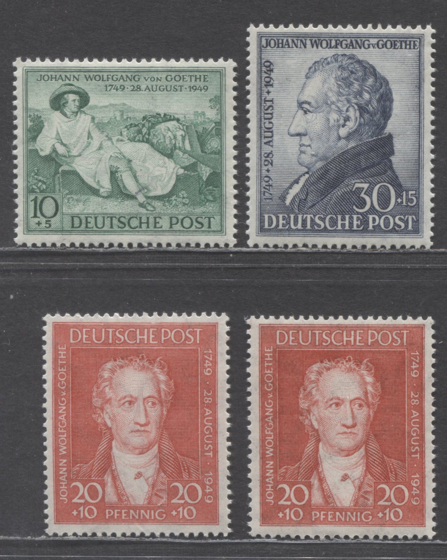 Germany - British and American Zone Mi#108 (SC#B306)-110 (SC#B308) 1949 Goethe Semi Postals, Includes 2 Shades Of 20+10pf, 4 F/VFNH Singles, Click on Listing to See ALL Pictures, Estimated Value $40