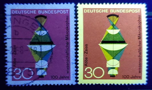 Lot 103 Germany Mi#548 (SC# 980) 30pf Red 1968 Designs Issue, With Fluorescent Coating Almost Completely Omitted, Unlisted, 2 VFNH & Very Fine Used Singles, Click on Listing to See ALL Pictures, Estimated Value $5