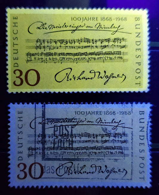 Lot 108 Germany Mi#566 (SC# 987) 30pf Multicolored 1968 Wagner Issue, With Fluorescent Tagging Almost Completely Missing, 2 Very Fine Used Singles, Estimated Value $5