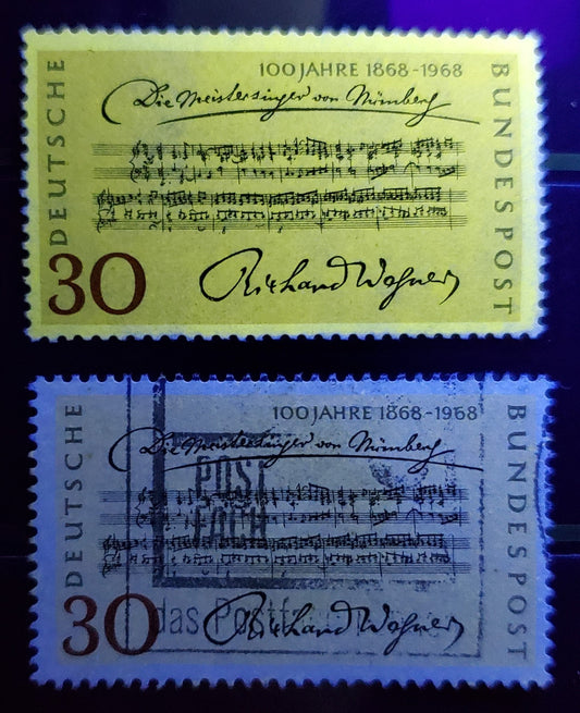 Germany Mi#566 (SC# 987) 30pf Multicolored 1968 Wagner Issue, With Fluorescent Tagging Almost Completely Missing, 2 Very Fine Used Singles, Estimated Value $5