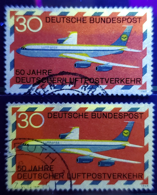 Germany Mi#577var (SC# 994var) 30pf Multicolored 1969 German Airmail Service Isssue, Uneven Banded Tagging, 2 Very Fine Used Singles, Click on Listing to See ALL Pictures, Estimated Value $10