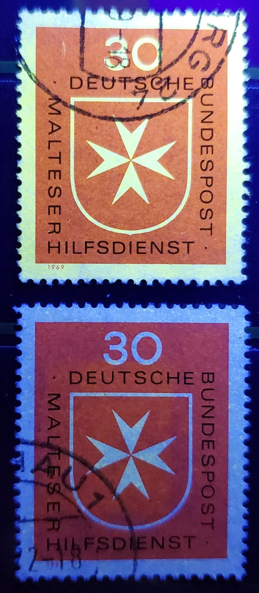 Germany Mi#600 (SC# 1006) 30pf Red 1969 Maltese Relief Service Issue, Fluorescent Tagging Almost Missing, Only 1 Faint Square Patch Visible In The Center, 2 Very Fine Used Singles, Estimated Value $5