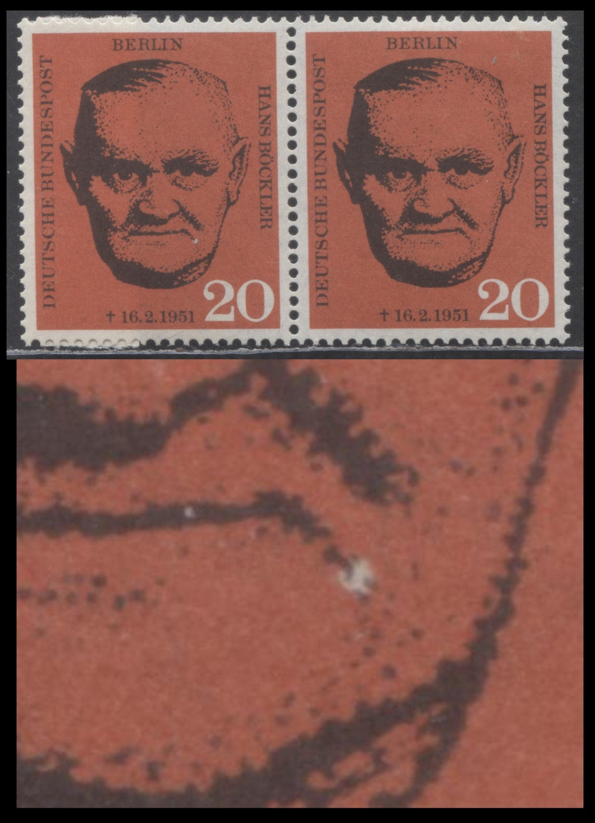 Lot 118 Germany - Berlin Mi#197var (SC# 9N175var) 20pf Red 1961 Bockler, White Spot At Corner Of Mouth On Left Stamp, Constant Unlisted Variety, A VFOG Pair, Click on Listing to See ALL Pictures, Estimated Value $10