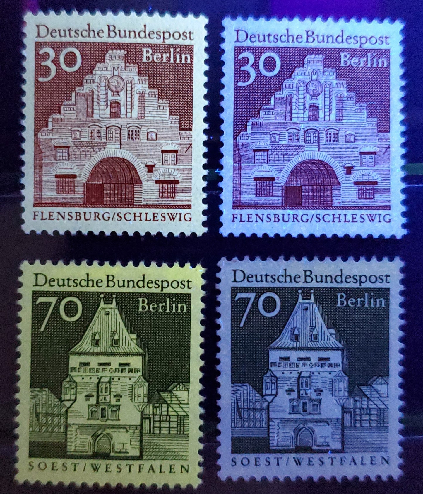 Germany - Berlin Mi#275 (SC#9N240)/279 (SC#9N244) 1966-1969 Buildings Definitives, Normal & Fluorescent Coating Omitted, 4 VFNH & Unused Singles, Estimated Value $5