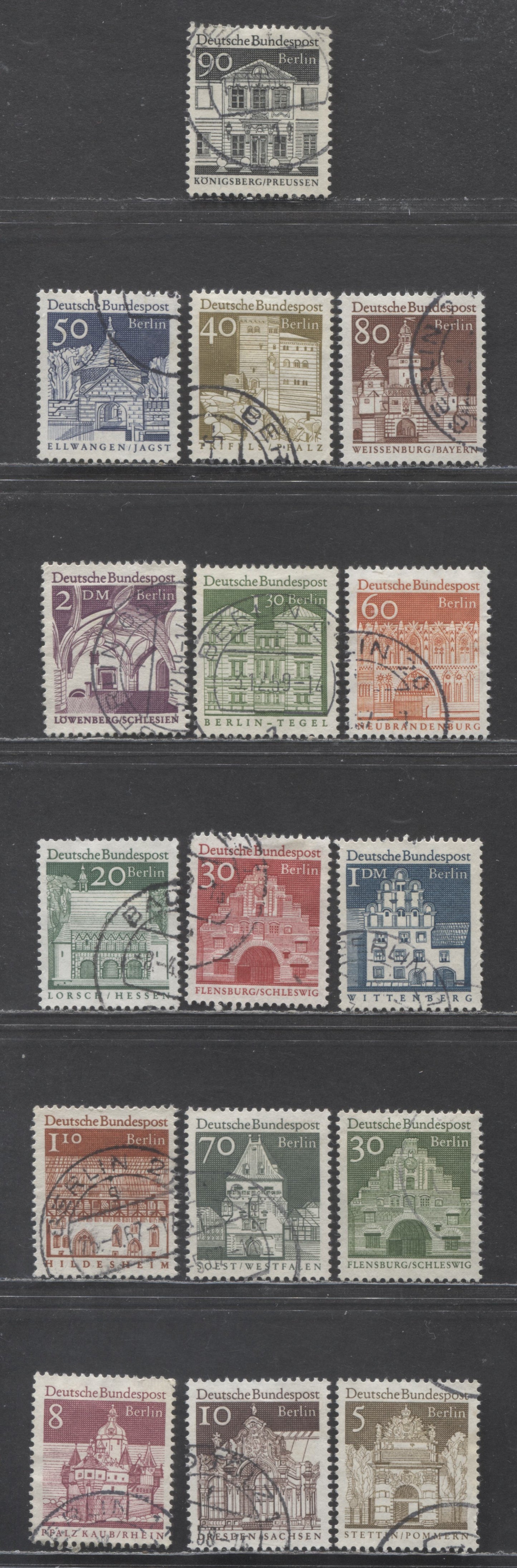 Germany - Berlin Mi#270 (SC#9N235)-285 (SC#9N250) 1966-1969 Buildings Definitives, 16 Very Fine Used Singles, Click on Listing to See ALL Pictures, Estimated Value $15