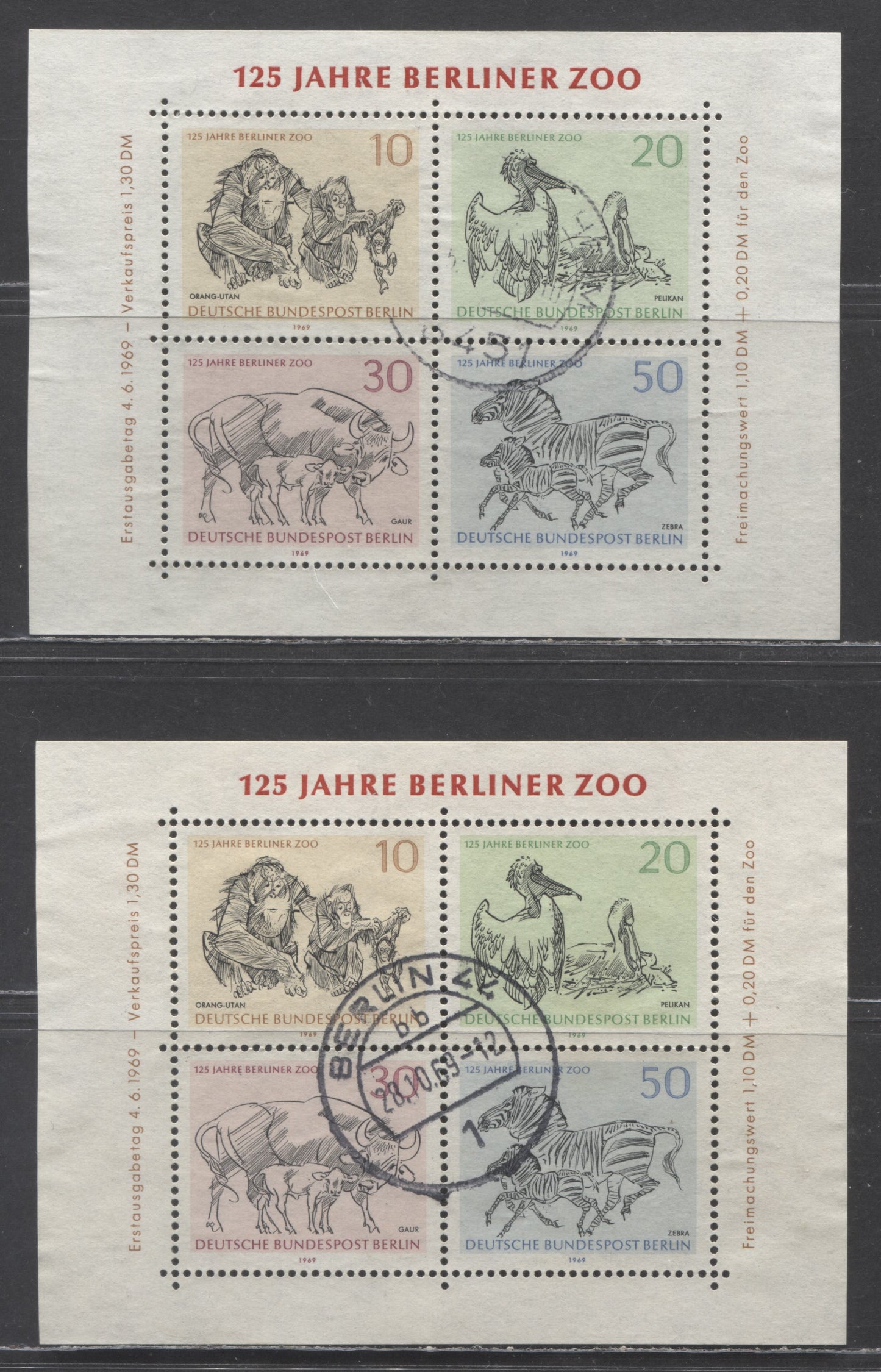 Germany - Berlin Mi#Block 2 (SC# 9N275) 10pf Yellow - 50pf Blue 1969 Berlin Zoo Issue, Full Tagged Sheet & One With Tagging Almost Completely Missing, 2 Very Fine Used Souvenir Sheets, Estimated Value $12