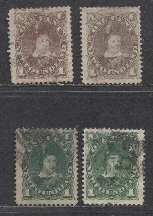 Lot 205 Newfoundland #41-42, 44-45 1c Violet Brown, Gray Brown, Deep Green & Green Edward, Prince Of Wales, 1880-1896 Fourth Cents Issue, 4 Fine Used Singles On Horizontal & Vertical Wove Papers