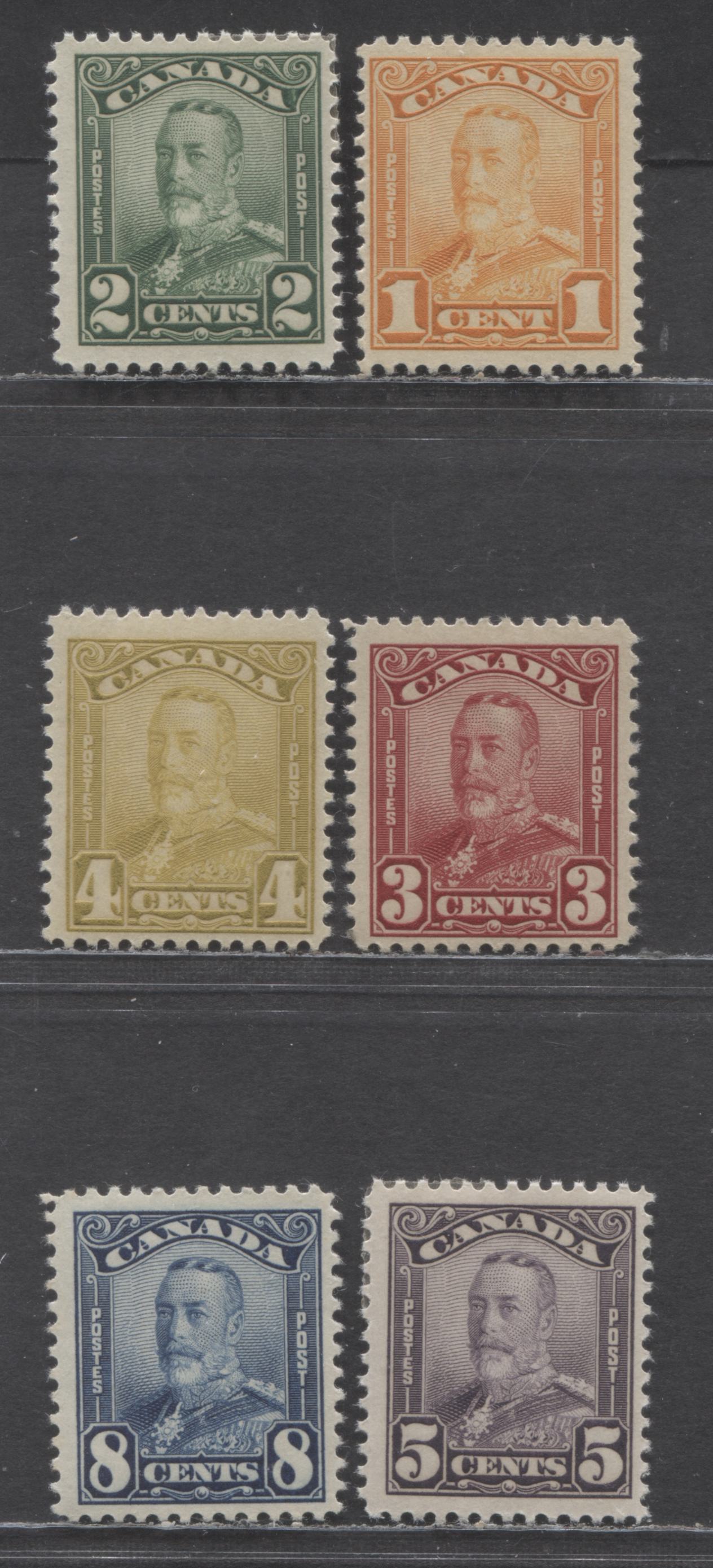 Canada #149-154 1c-8c Orange - Blue King George V, 1928-1929 Scroll Issue, 6 FOG Singles