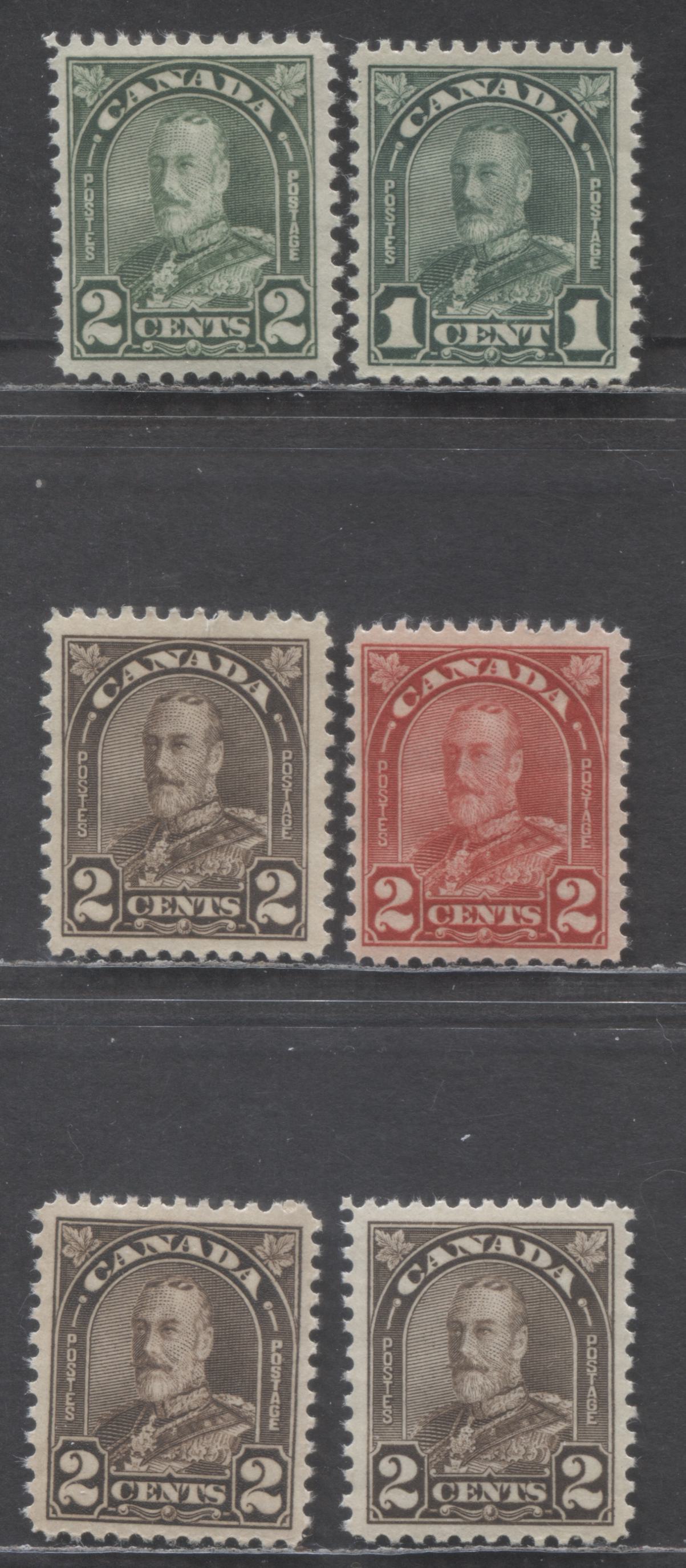 Lot 256 Canada #163b, 164, 165a, 166,b 1c & 2c Deep Green - Dark Brown King George V, 1930-1931 Arch/Leaf Issue, 6 VFNH Singles Dies 1 & 2