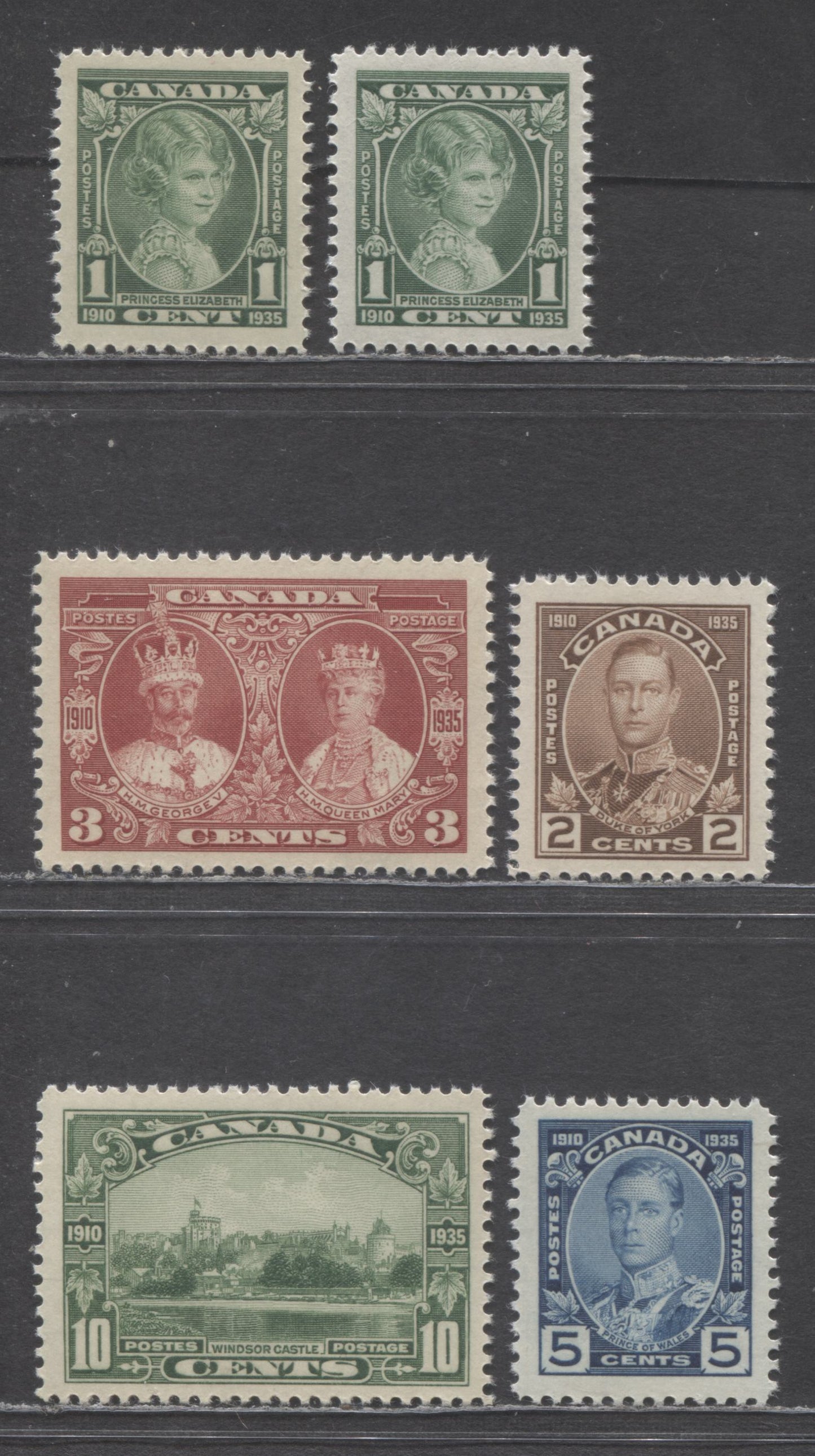 Canada #211-215 1c-10c Green-Blue Princess Elizabeth - Windsor Castle, 1934 KGV Silver Jubilee Issue, 6 VFNH Singles With White & Cream Papers For The 1c