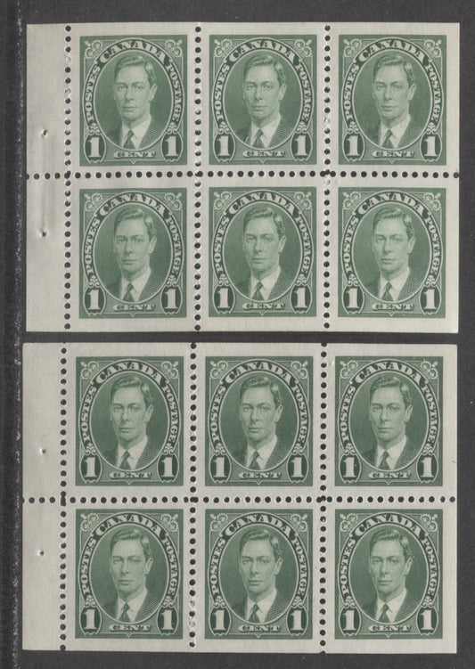 Canada #231b 1c Green King George VI, 1937 Mufti Issue, 2 VFNH Booklet Panes Of 6 With White Gum, Opaque Vs Smooth, 2 Shades