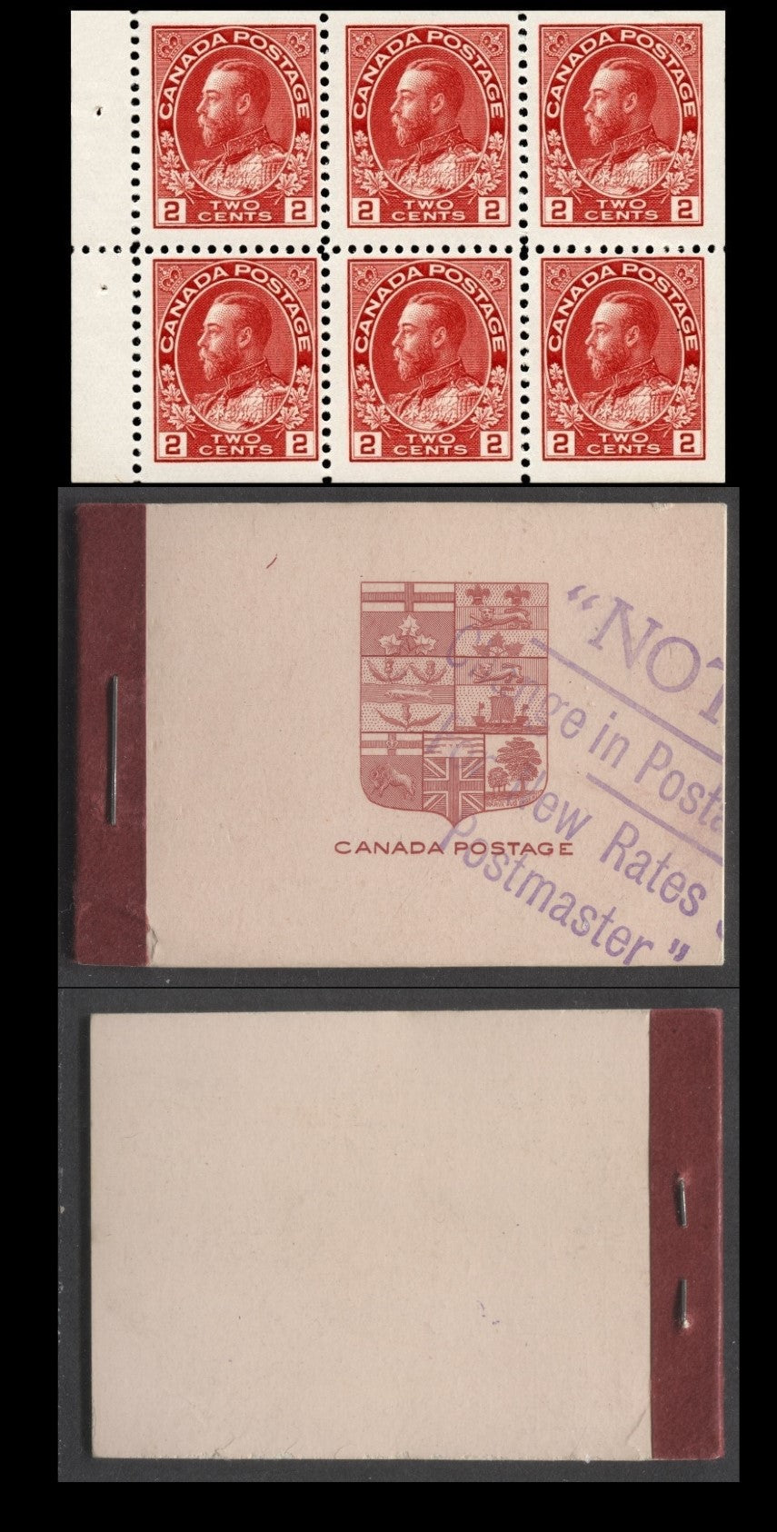 Canada #BK5f 25c Carmine Red King George V, 1911-1925 Admiral Issue, A FNH Booklet  With Two Panes Of 6, Carmine Red On Pale Pink Cover, No Die Flaw On Cover, Rate Change Overprint in English