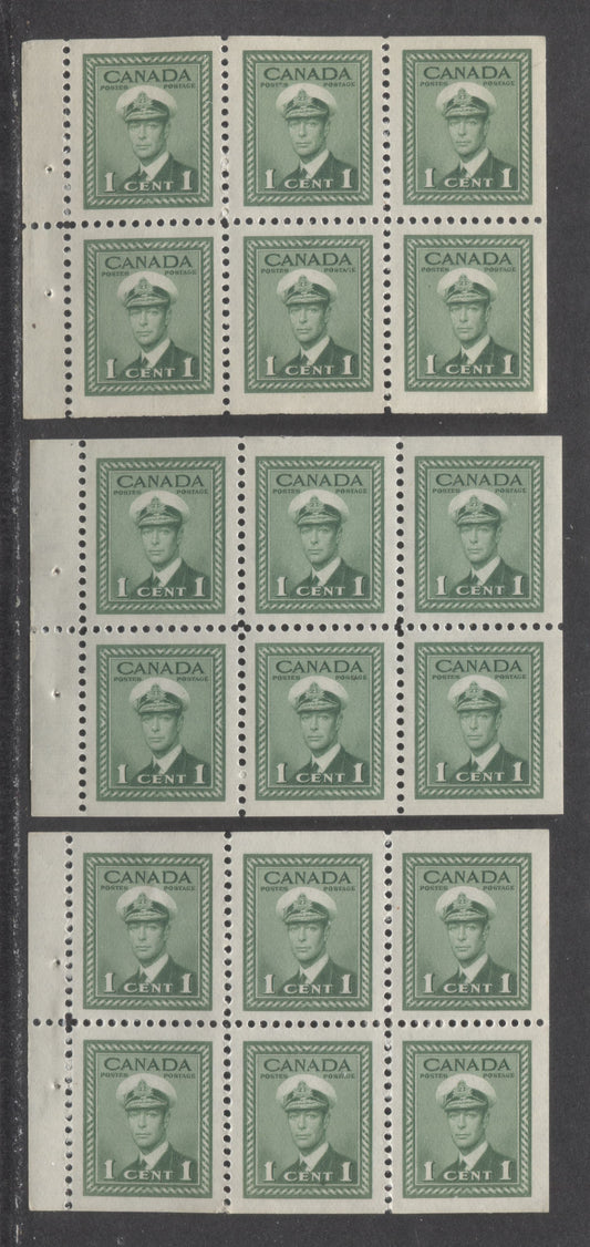 Lot 67 Canada #249b 1c Green, 1942-1943 King George VI War Issue, 2 VFNH Booklet Panes Of 6 Two Shades, Vertical Wove And Horizontal Ribbed Papers