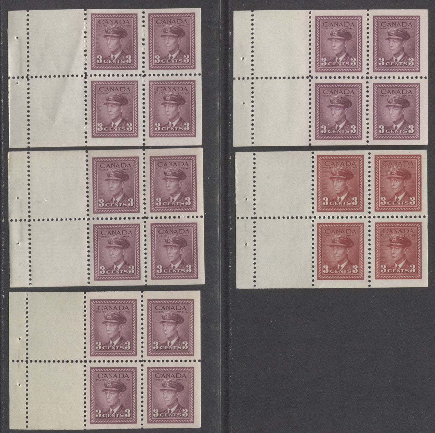 Lot 68 Canada #251a,252a 3c Dark Carmine, Rose Violet, 1942-1943 King George VI War Issue, 5 VFNH Booklet Panes Of 4 + 2 Labels On Horizontal Ribbed & Vertical Wove Papers, 4 Different Shades