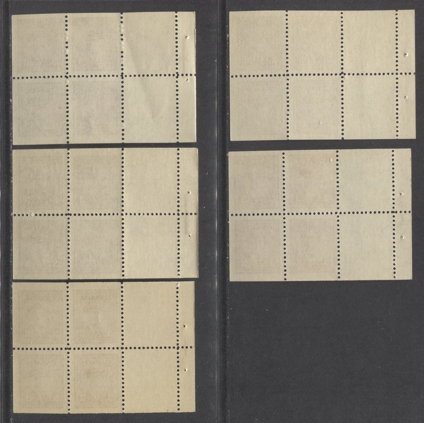 Lot 68 Canada #251a,252a 3c Dark Carmine, Rose Violet, 1942-1943 King George VI War Issue, 5 VFNH Booklet Panes Of 4 + 2 Labels On Horizontal Ribbed & Vertical Wove Papers, 4 Different Shades
