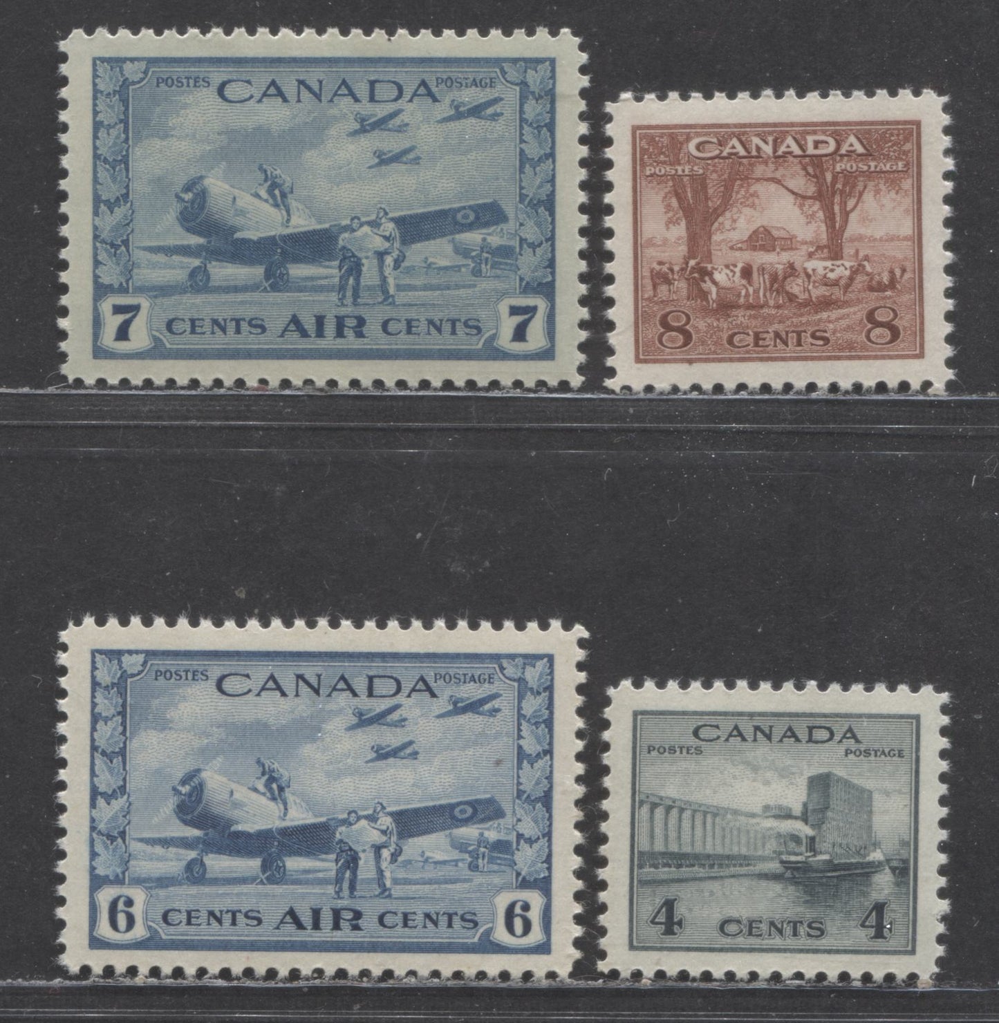 Canada #253,256, C7-C8 4c,8c, 6c,7c Greenish Black, Red Brown, Deep Blue, Deep Blue, 1942-1943 King George VI War Issue & Special Delivery - War Issue, 4 VFNH Singles