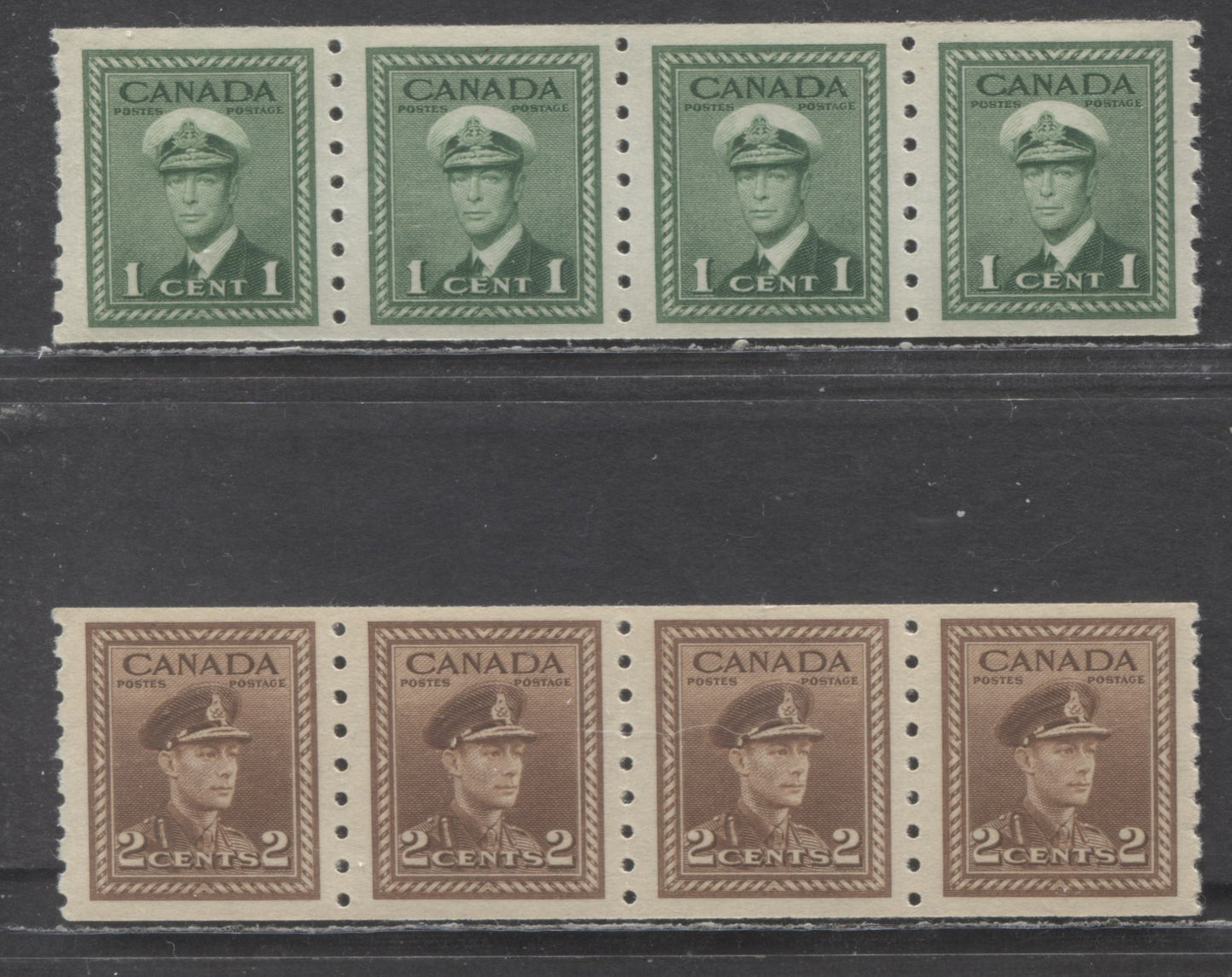 Lot 121 Canada #263-264 1c,2c Green, Brown, 1942-1943 King George VI War - Coil Stamps Issue, 2 VFNH Short Coil Strips Of 4 On Vertical Ribbed Paper With Semi Gloss Gum