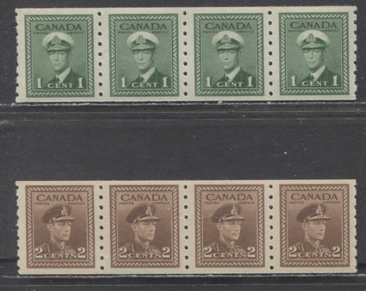 Lot 121 Canada #263-264 1c,2c Green, Brown, 1942-1943 King George VI War - Coil Stamps Issue, 2 VFNH Short Coil Strips Of 4 On Vertical Ribbed Paper With Semi Gloss Gum