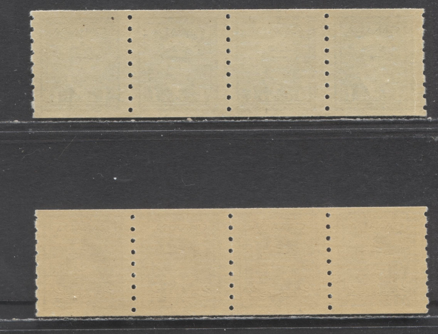 Lot 121 Canada #263-264 1c,2c Green, Brown, 1942-1943 King George VI War - Coil Stamps Issue, 2 VFNH Short Coil Strips Of 4 On Vertical Ribbed Paper With Semi Gloss Gum