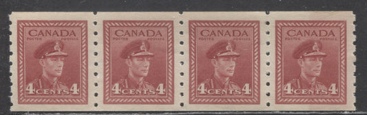 Lot 123 Canada #267 4c Dark Carmine, 1942-1943 King George VI War - Coil Stamps Issue, A VFNH Coil Strip Of 4 On Vertical Ribbed Paper With Semi Gloss Cream Gum