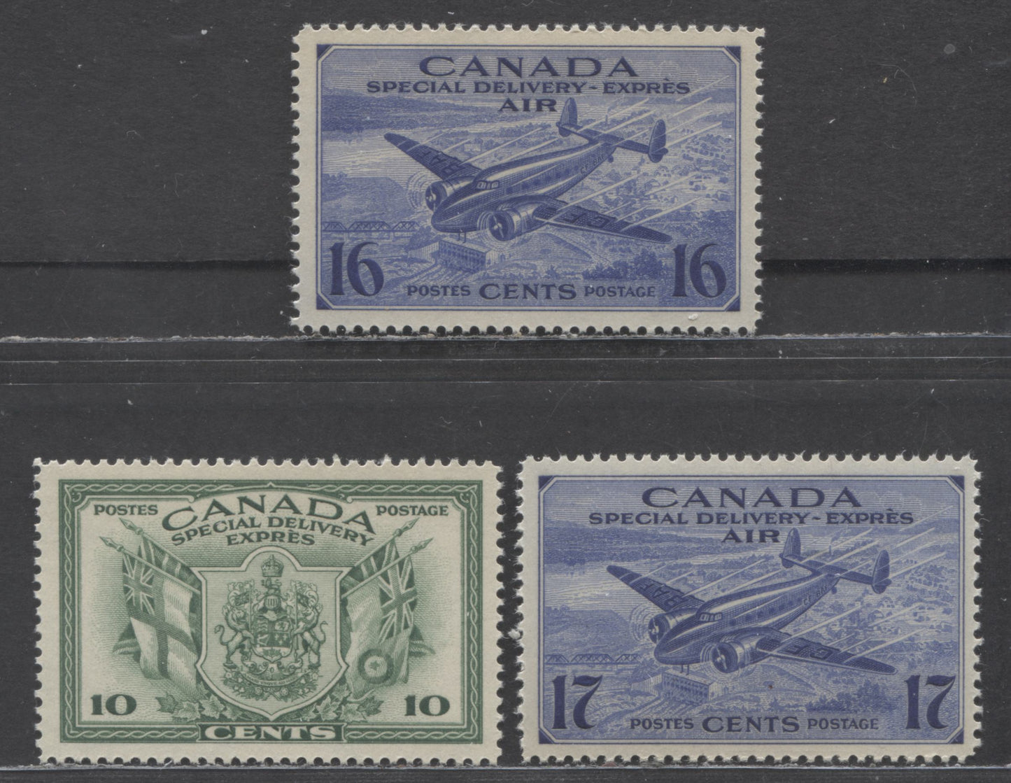 Canada #CE1- CE2, E10 16c-17c,10c Bright Ultramarine, Green, 1942-1943 Air Mail Special Delivery,Special Delivery - War Issue, 3 VFNH Singles