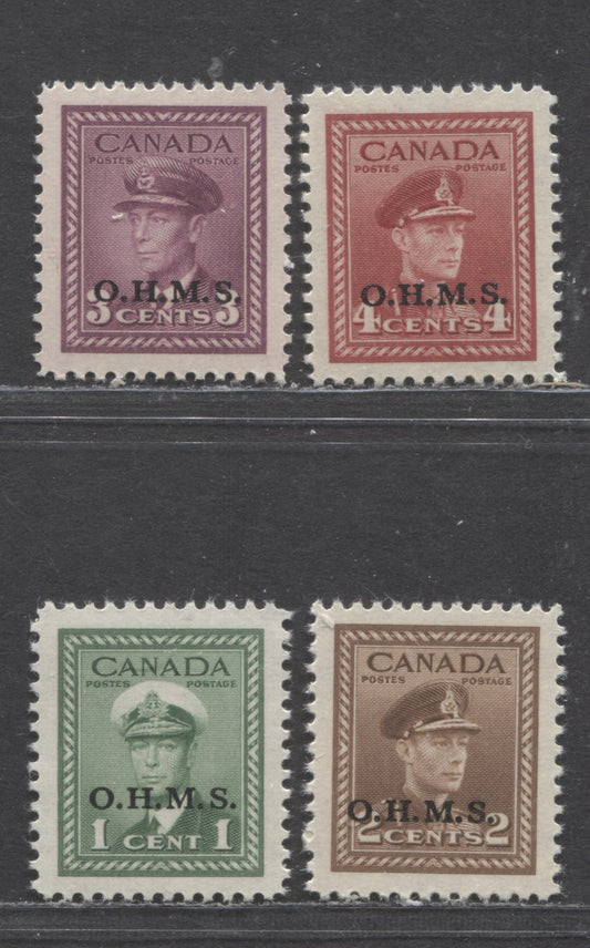 Canada #O1-O4 1c-4c Green - Dark Carmine, 1949-1950 Overprinted Officials - King George VI War Issue, 4 VFNH Singles