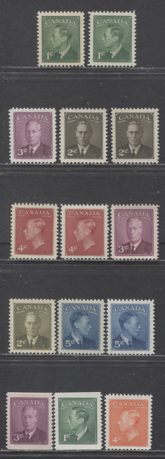 Canada #284-288,284as,286as,305-306 1c-5c,2c-4c , 1949-1952 King George VI Postes Postage Definitive Issue, 14 VFNH Singles Plus Shades