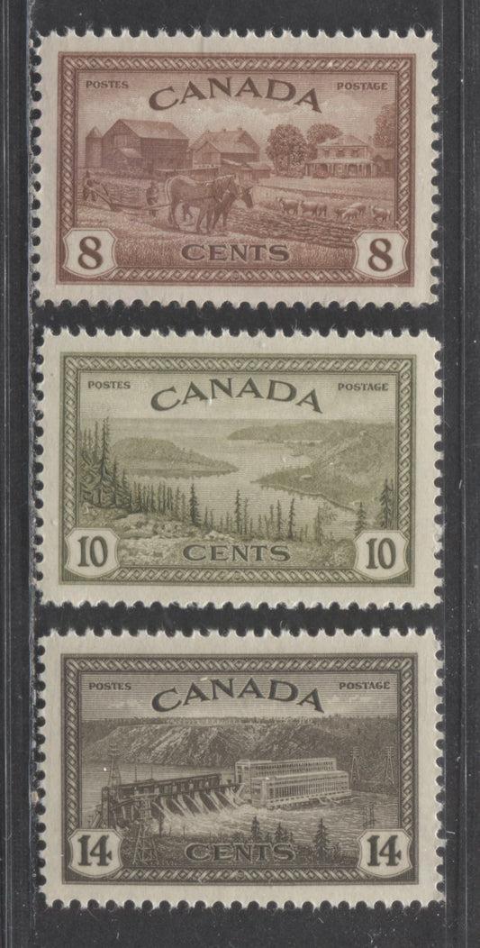 Canada #268-270 8c-14c Red Brown - Black Brown Farm Scene - Hydroelectric Station, 1946 King George VI Peace Issue, 3 VFNH Singles