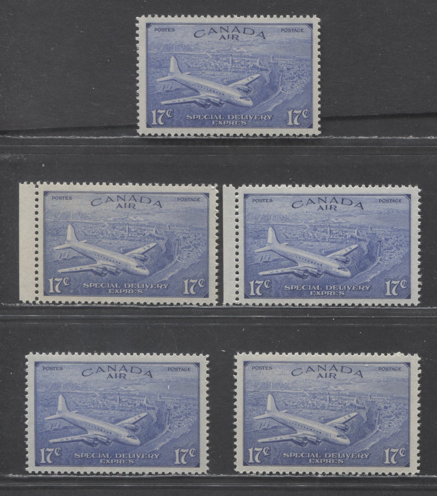 Lot 125 Canada #CE3-CE4 17c D.C.4-M Airplane, 1946 Airmail Special Delivery Issue, 5 VFNH Singles Includes 4 Shades Of CE4