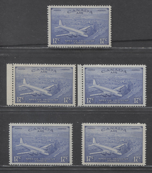 Lot 125 Canada #CE3-CE4 17c D.C.4-M Airplane, 1946 Airmail Special Delivery Issue, 5 VFNH Singles Includes 4 Shades Of CE4