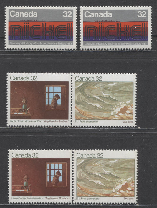 Canada #979a-979ai,996-996iii 32c Multicoloured Conan & Pratt, Discovery Of Nickel, 1983 Canadian Writers & Nickel Issues, 2 VFNH Se-Tenant Pairs And 2 Singles On DF, F And LF Papers