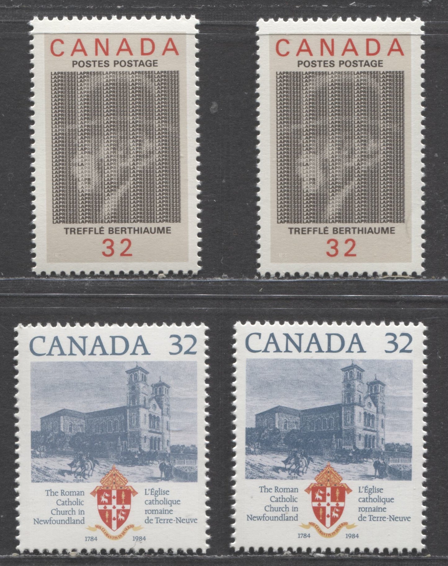 Canada #1029, 1044 32c Multicoloured Basilica Of St.John's, Treffle Berthiaume, 1984 Roman Catholic Church & Treffle Berthiaume Issues, 4 VFNH Singles On Unlisted DF/LF And MF/DF Harrison Papers In Addition To Normal DF/DF