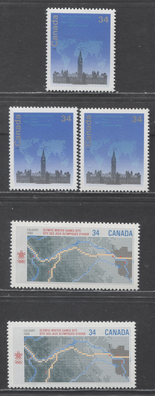 Canada #1061,1061i,1061iii,1077-1077i 34c Multicoloured Maps, 1985 Inter-Parliamentary Union Conference & 1988 Olympic Winter Games Issues, 5 VFNH Singles On LF/DF, F/HF, LF/NF, HF/DF And LF/LF Papers