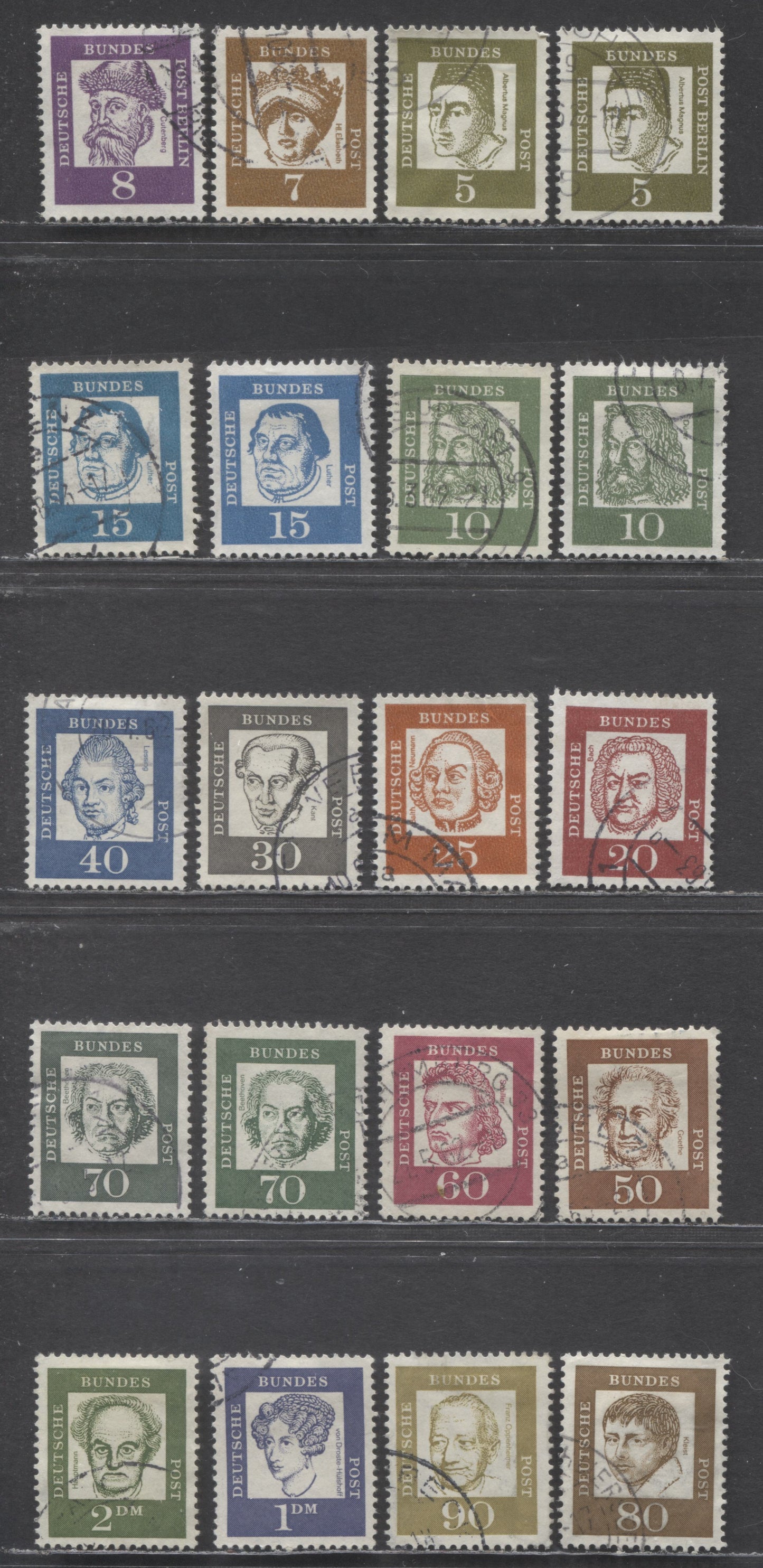 Germany Mi#347ya (SC#824)-362y (SC#839) 1961-1964 Portrait Definitives, Fluorescent Papers With Shade Varieties, White Vs Cream Paper, 20 Very Fine Used Singles, Estimated Value $5