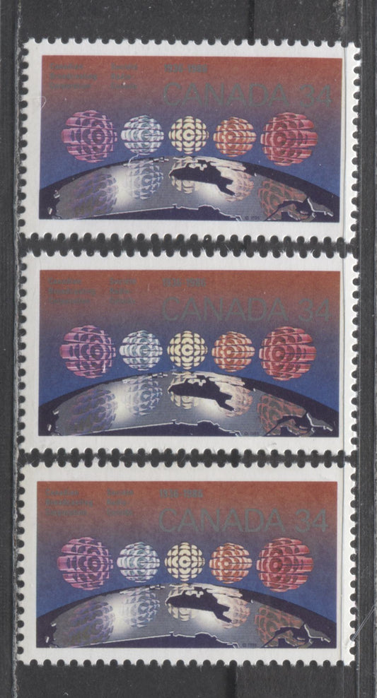 Canada #1103-1103ii 1986 50th Anniversary of CBC Issue, 3 VFNH Singles on Listed DF, MF and HB Papers