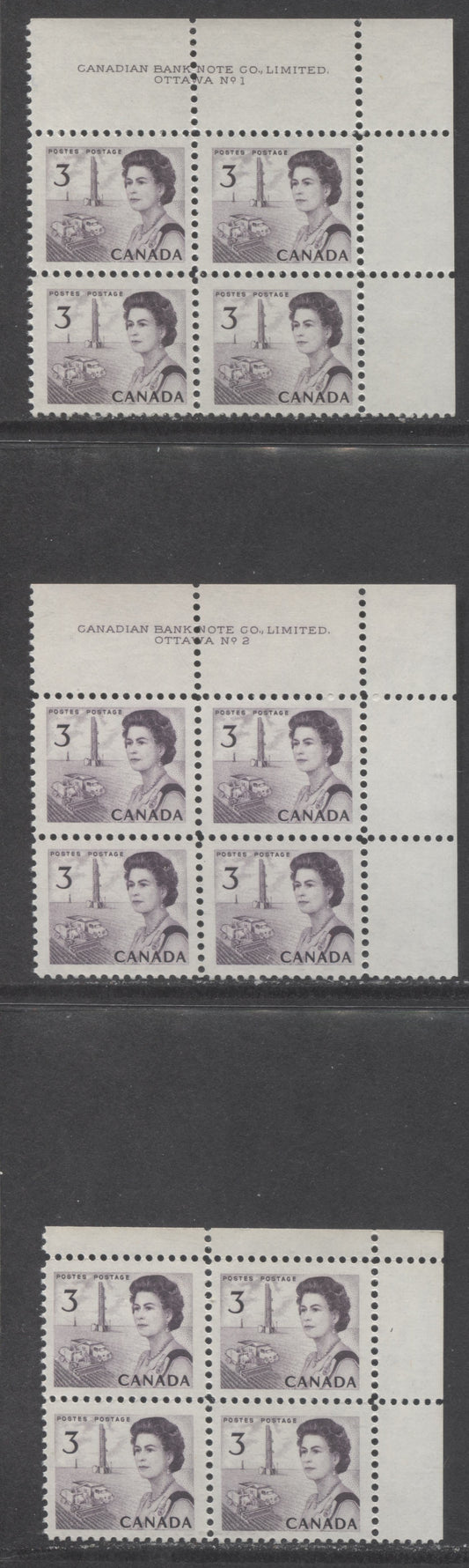 Lot 5 Canada #456 3c Dull Purple & Reddish Purple Queen Elizabeth II, 1967-1973 Centennial Issue, 3 VFNH UR Blank & Plates 1-2 Blocks Of 4 On Off White DF1 & DF2 Papers With Smooth Dex Gum Blackish Purple, Black & Dull Purple Under UV