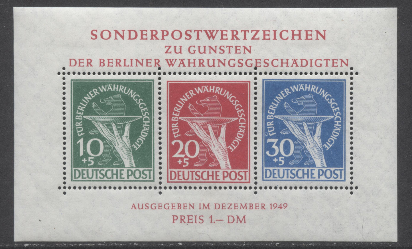 Lot 51 Germany - Berlin Mi#1 (SC# 9NB3a) 10+5pf Green - 30+5df Blue 1949 Currency Devaluation Issue, A VFOG Souvenir Sheet Of 3, Click on Listing to See ALL Pictures, Estimated Value $350