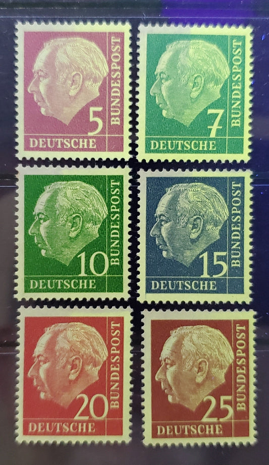 Lot 52 Germany Mi#179y (SC#704)-186y (SC#711) 1960 Heuss Definitives, Fluorescent Papers, 6 VFNH Singles, Click on Listing to See ALL Pictures, Estimated Value $15